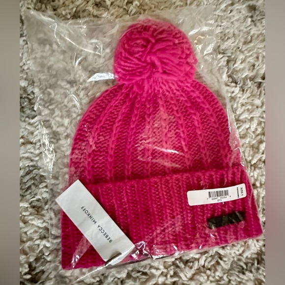 ‼️RARE‼️?REBECCA MINKOFF??NWT?Ribbed Beanie w Poof in Pink main image 5